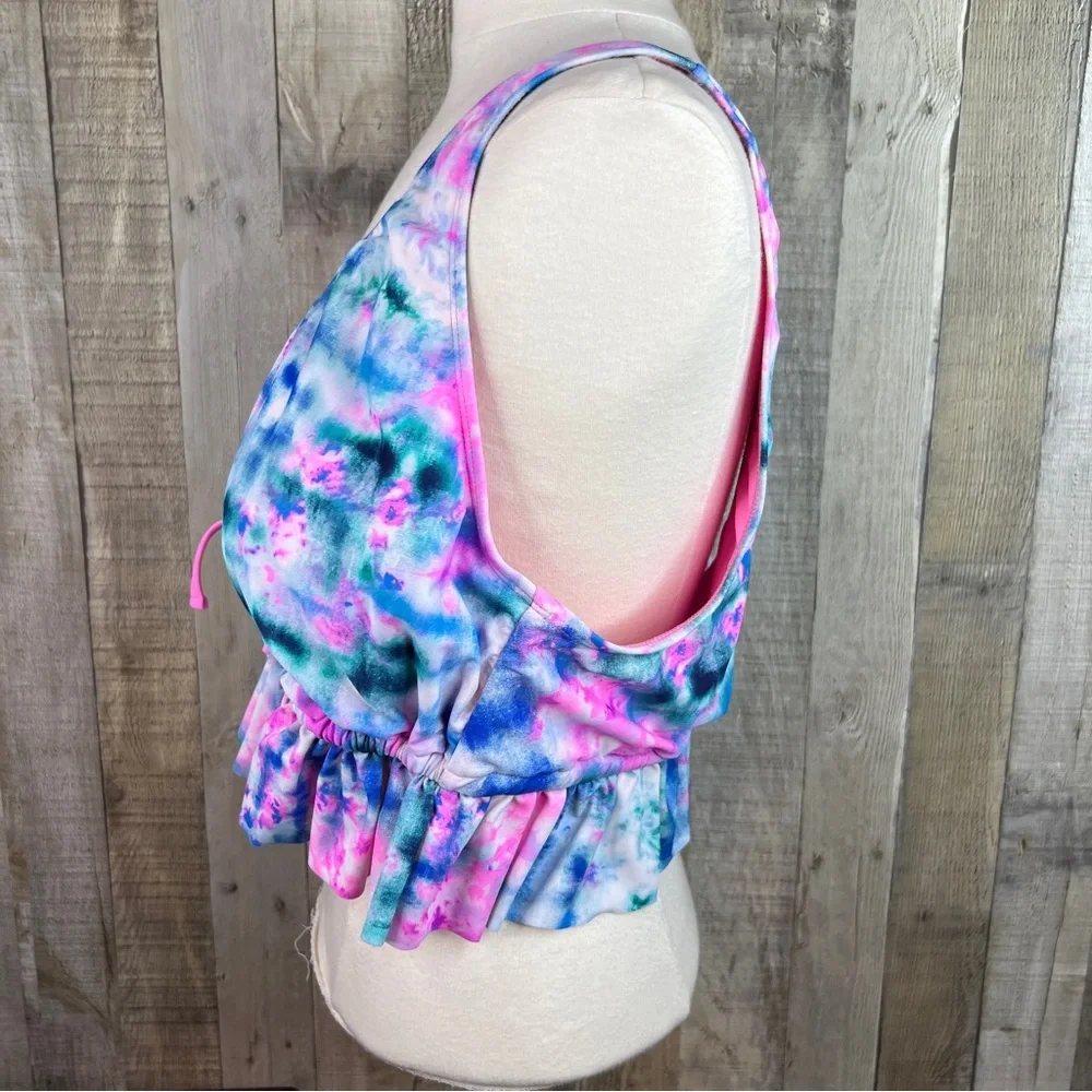 Decree Size 3X Tie Dye Ruffle Hem Tie Front Bikini Padded Top w/Side Wir…